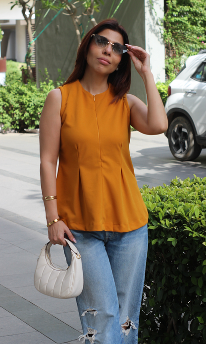 Mustard Yellow Sleek-Pleat Detail Top