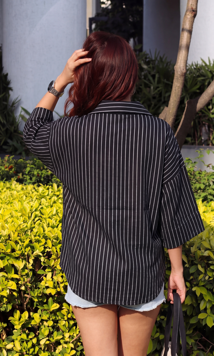 Black Stripe Cotton Loose Shirt