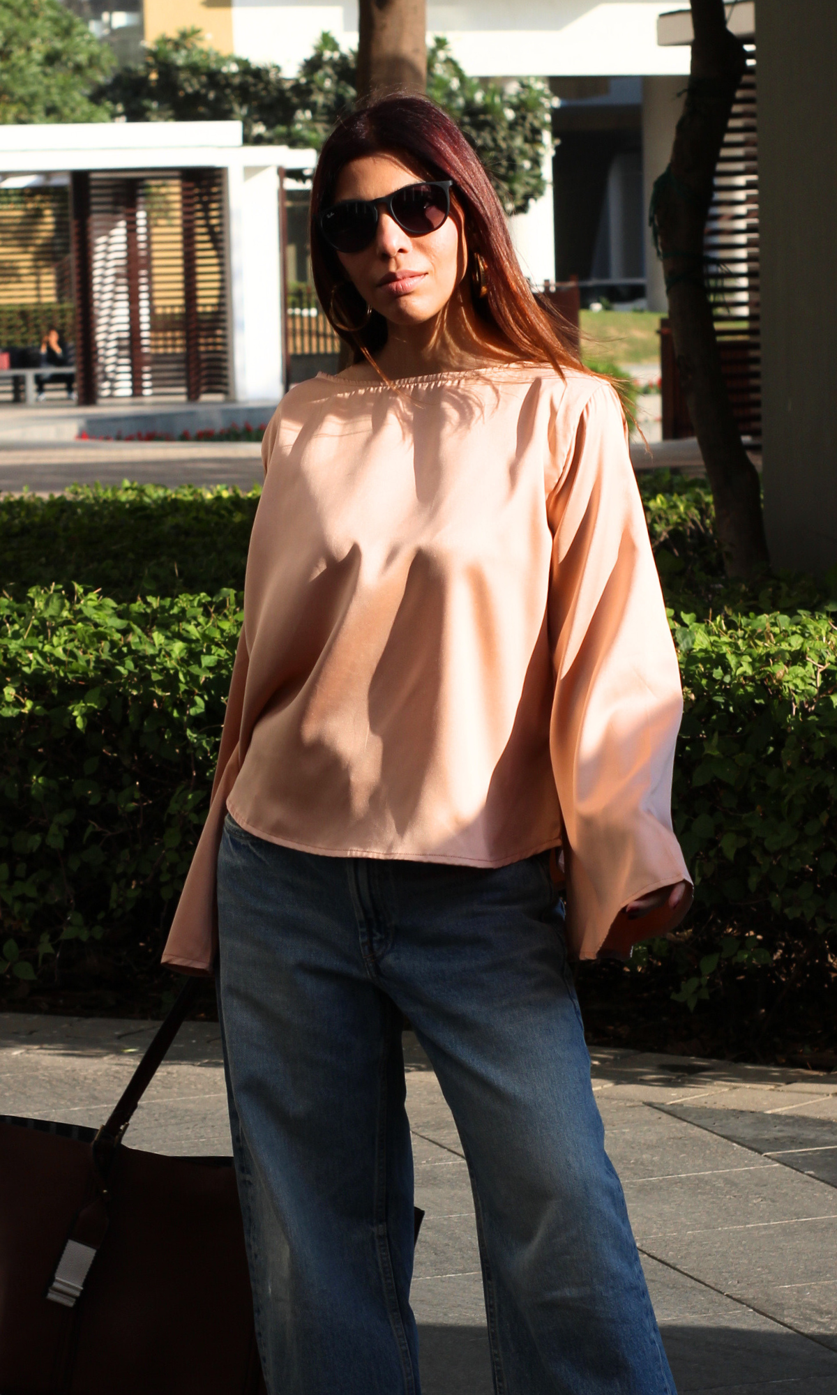 Light Apricot Flared Sleeve Satin Top