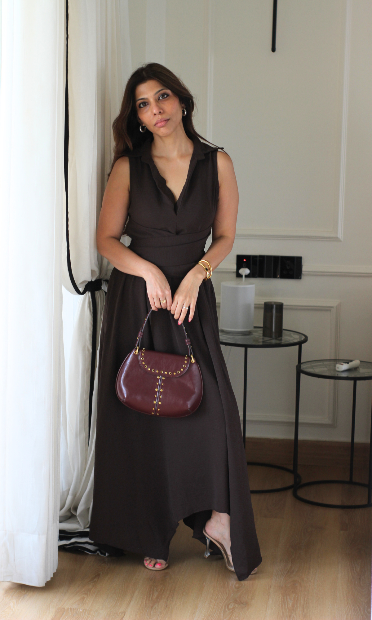 Mocha Wrap Handkerchief Hem Midi Dress