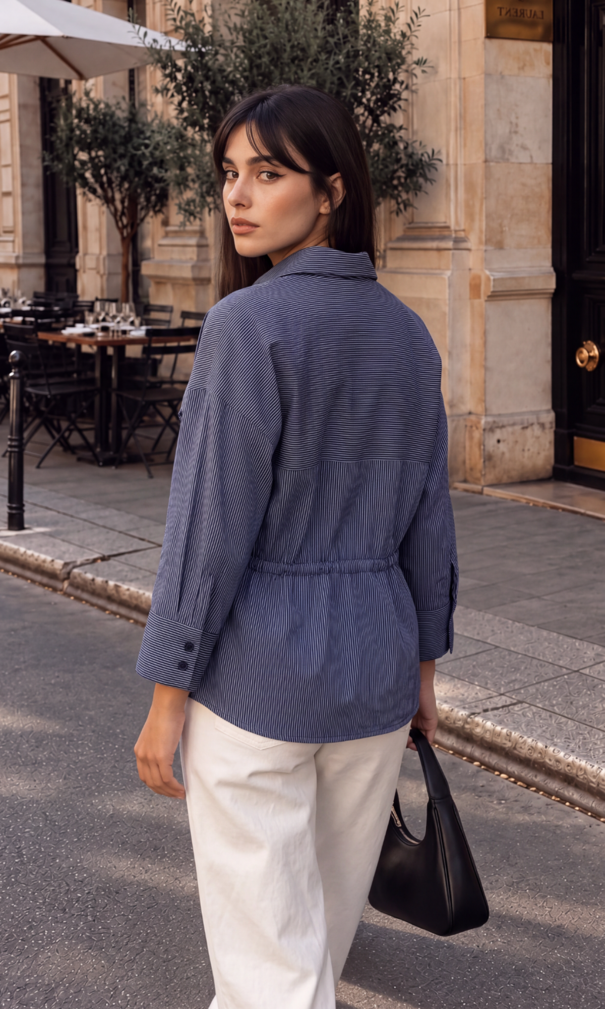 Cinched-Waist Charcoal Stripe Shirt