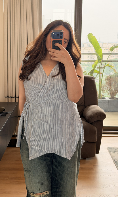 Blue Stripe Sleeveless Kimono Top