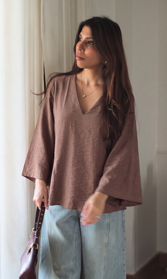 Warm Grey V-Neck Peplum Top