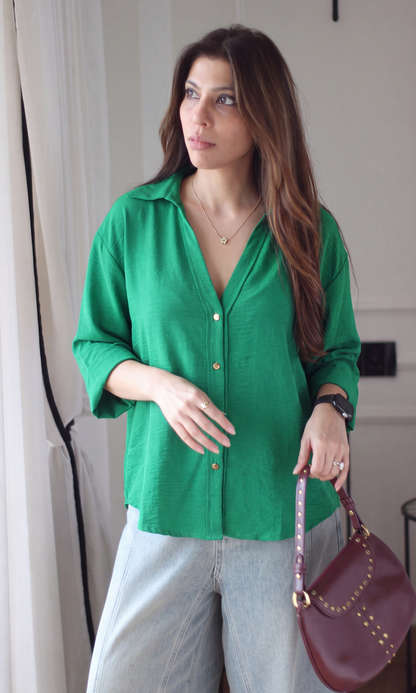 Emerald Green Metallic Button  Boxy Shirt