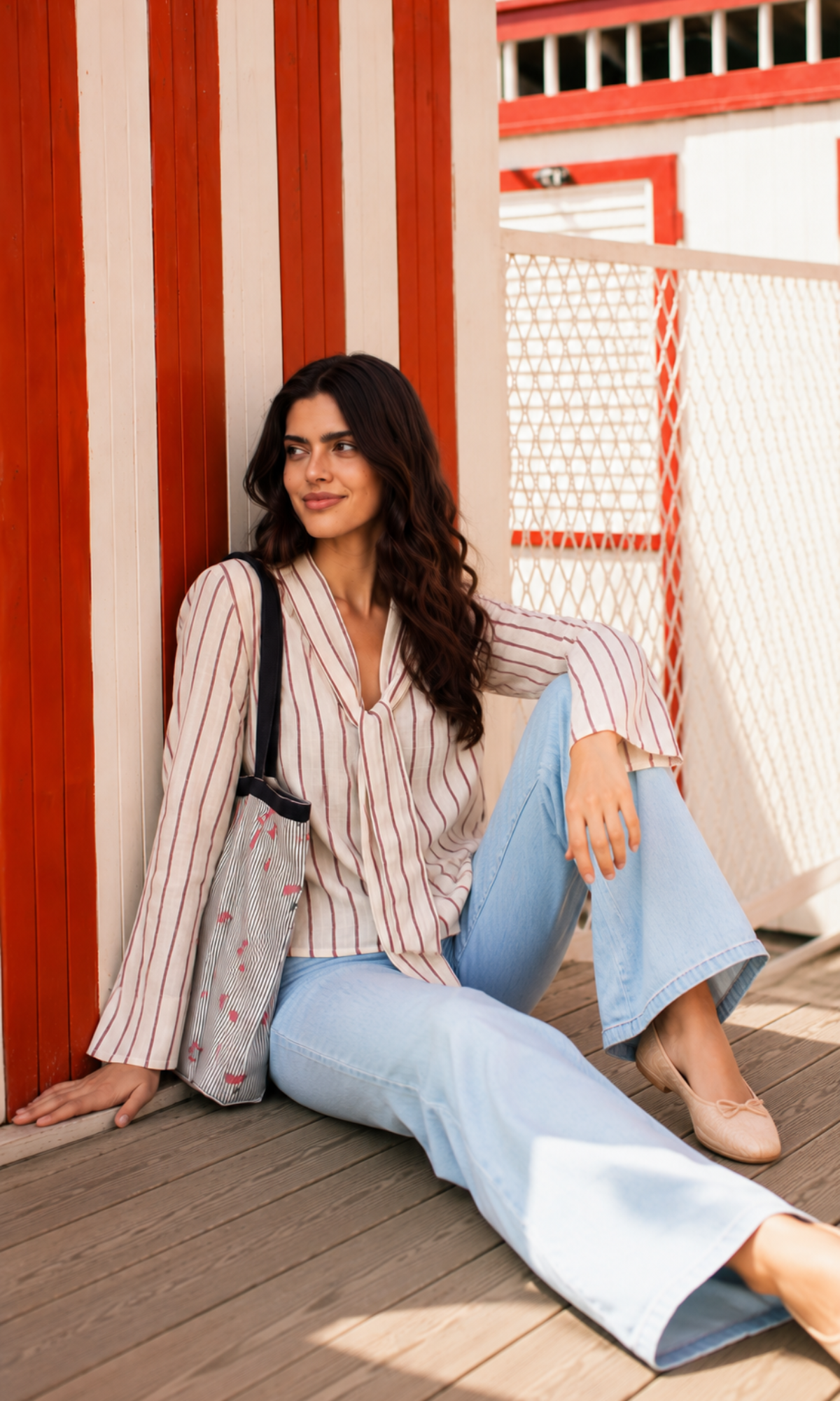Ivory Striped Tie-Neck Flared Sleeve Top