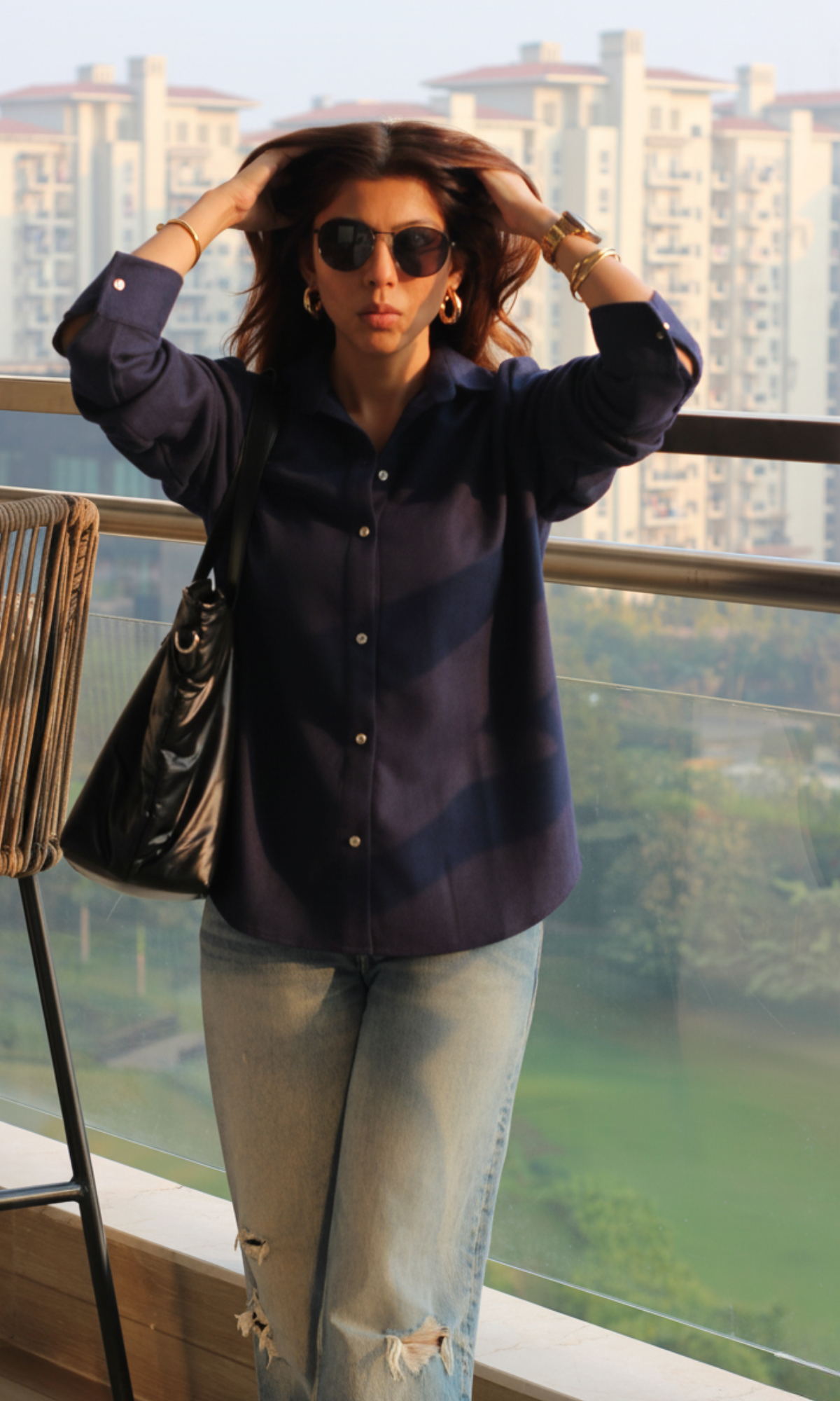 Navy Suede Metallic Buttoned Shirt