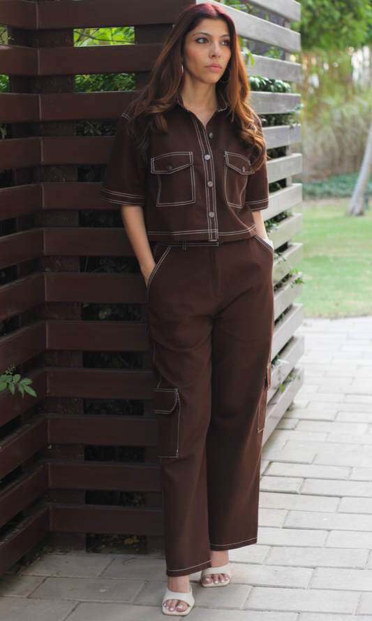 Brown Cropped Shirt with Cargo Pants
