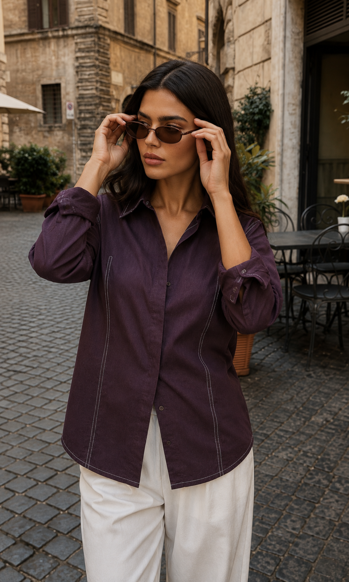 Purple Denim Contrast Dart-Stitch Shirt