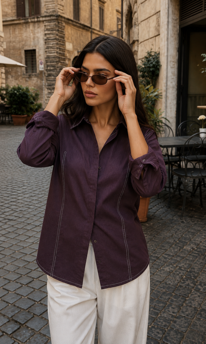 Purple Denim Contrast Dart-Stitch Shirt