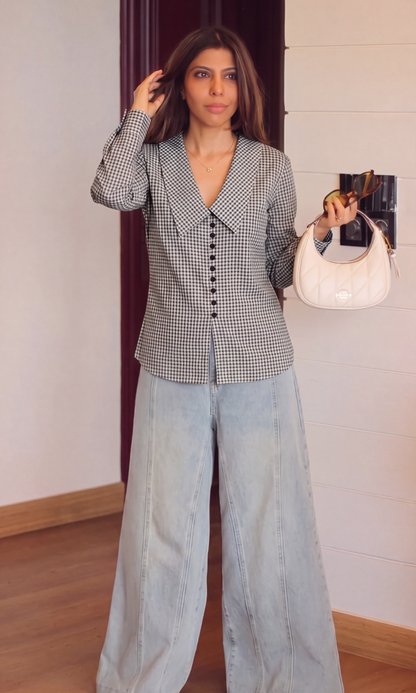 Black & Ivory Gingham Oversized Collar Shirt
