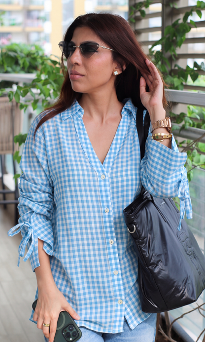 Powder Blue Check Crinkled String Detail Cotton Shirt