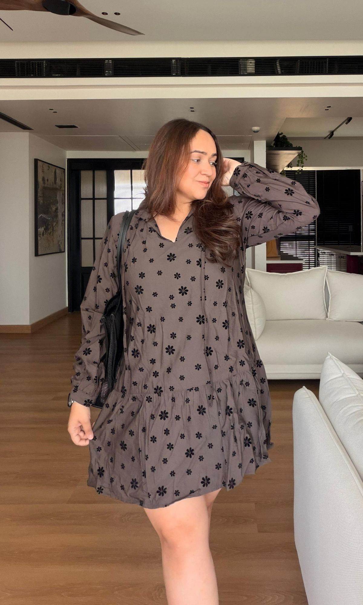 Mocha Floral Tie-Neck Dress