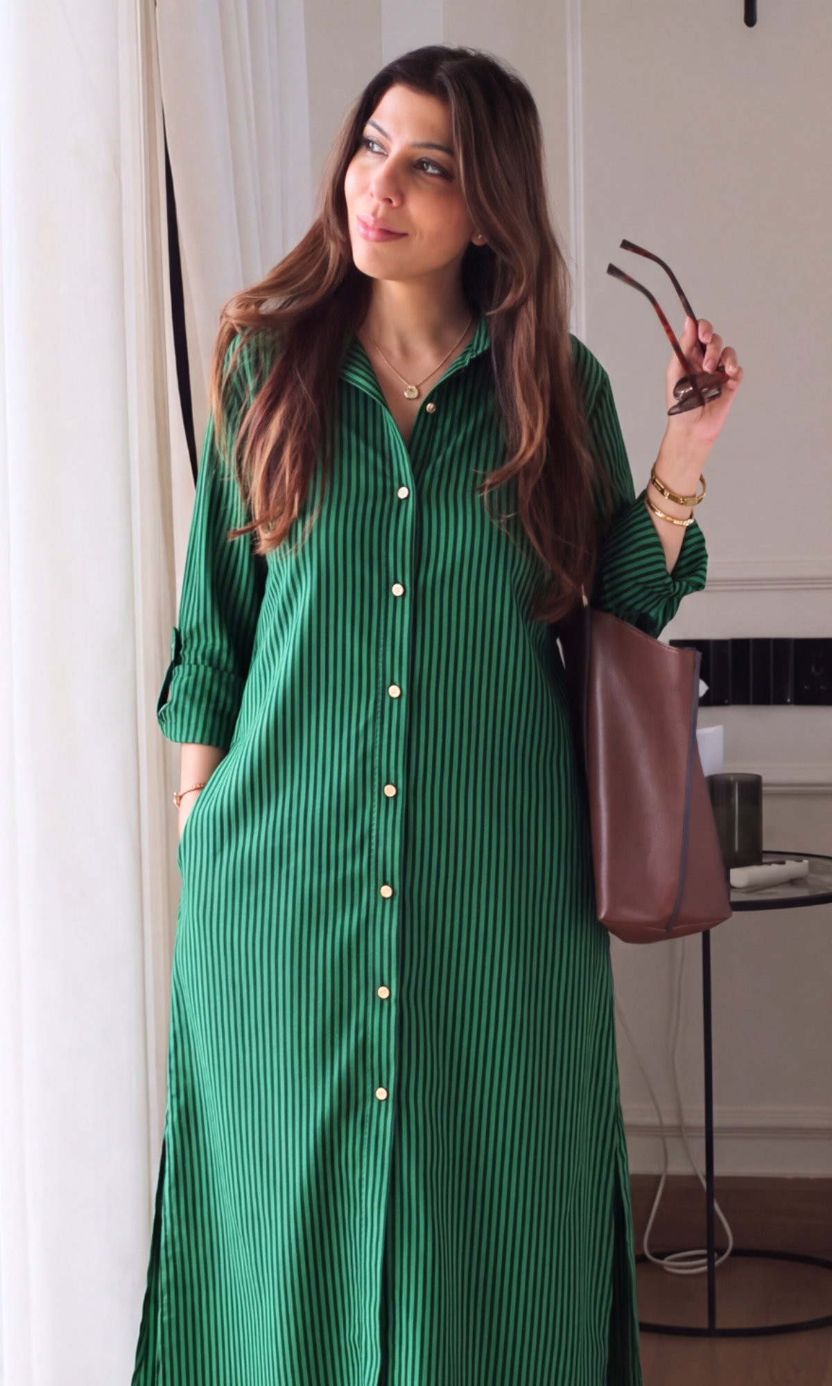 Green & Black Stripe Shirt Dress