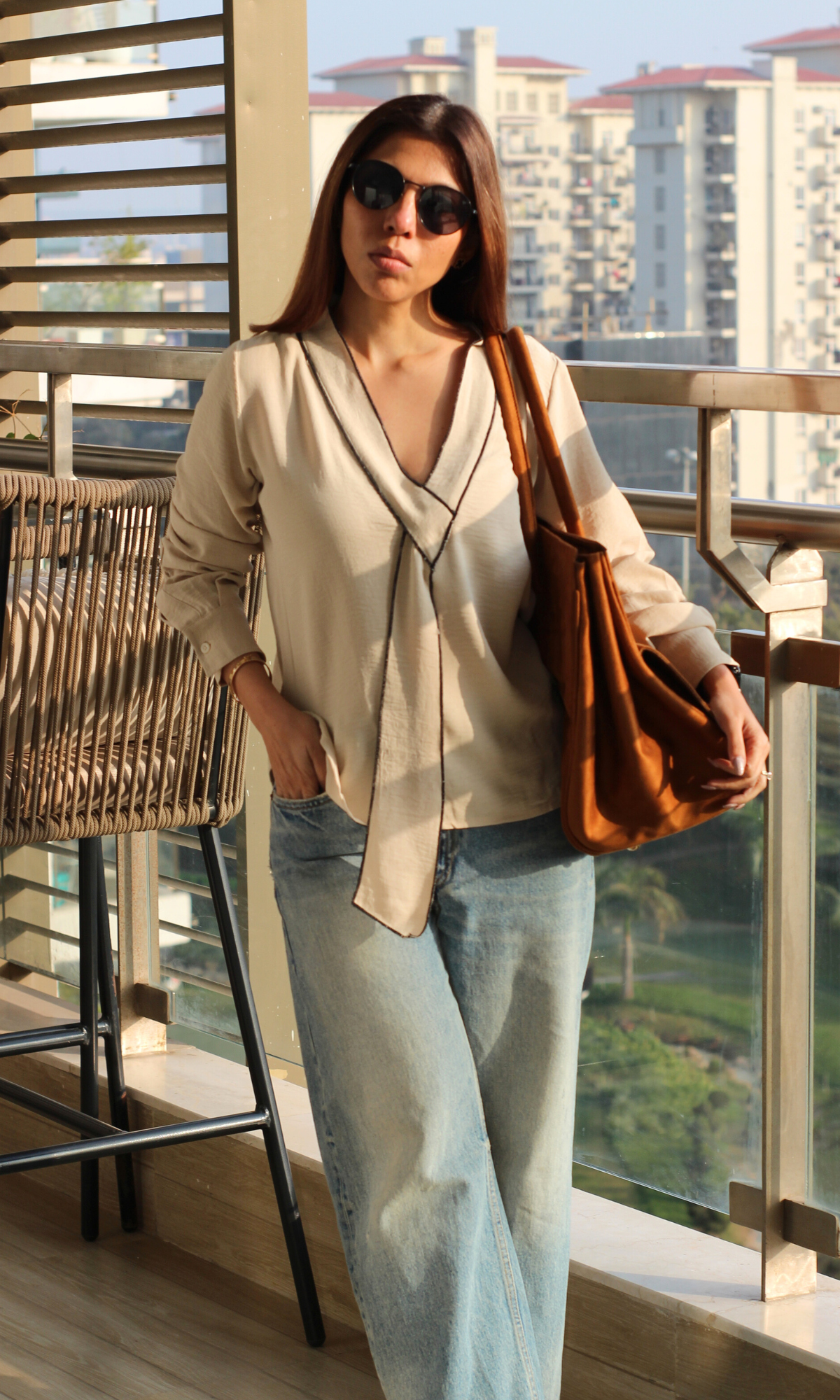 Beige-Black Knot Detail Top