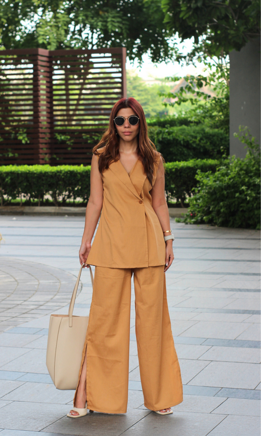 Biscoff Belted Blazer Top with Flared Pants Co-ord