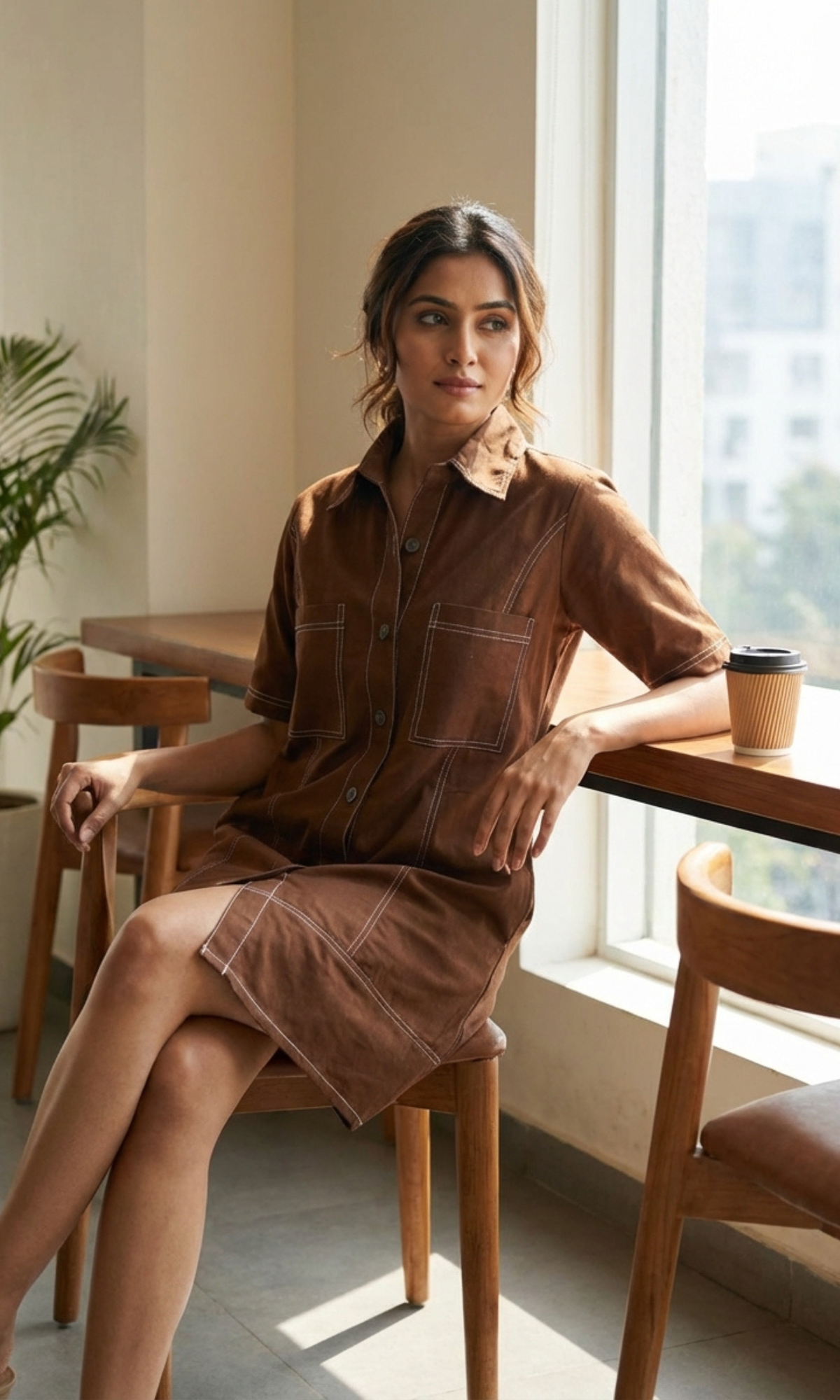 Mocha Sleeved Thread Detail Dress