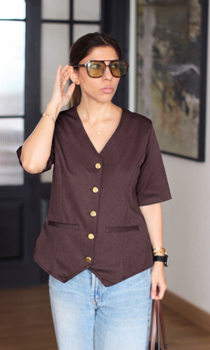 Brown Twill Gold-Button Sleeved Waistcoat