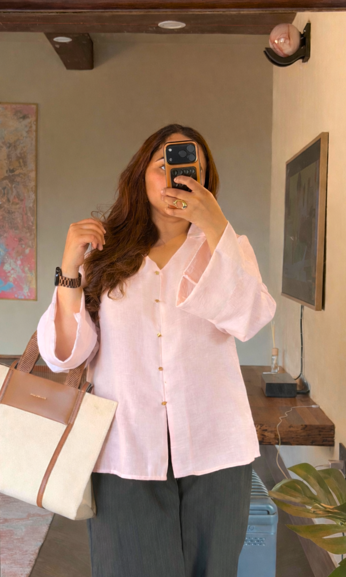 Semi-Sheer Blush Flared Sleeve Shirt