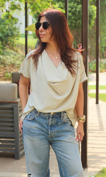 Chalk Flowing Cowl Neck Top