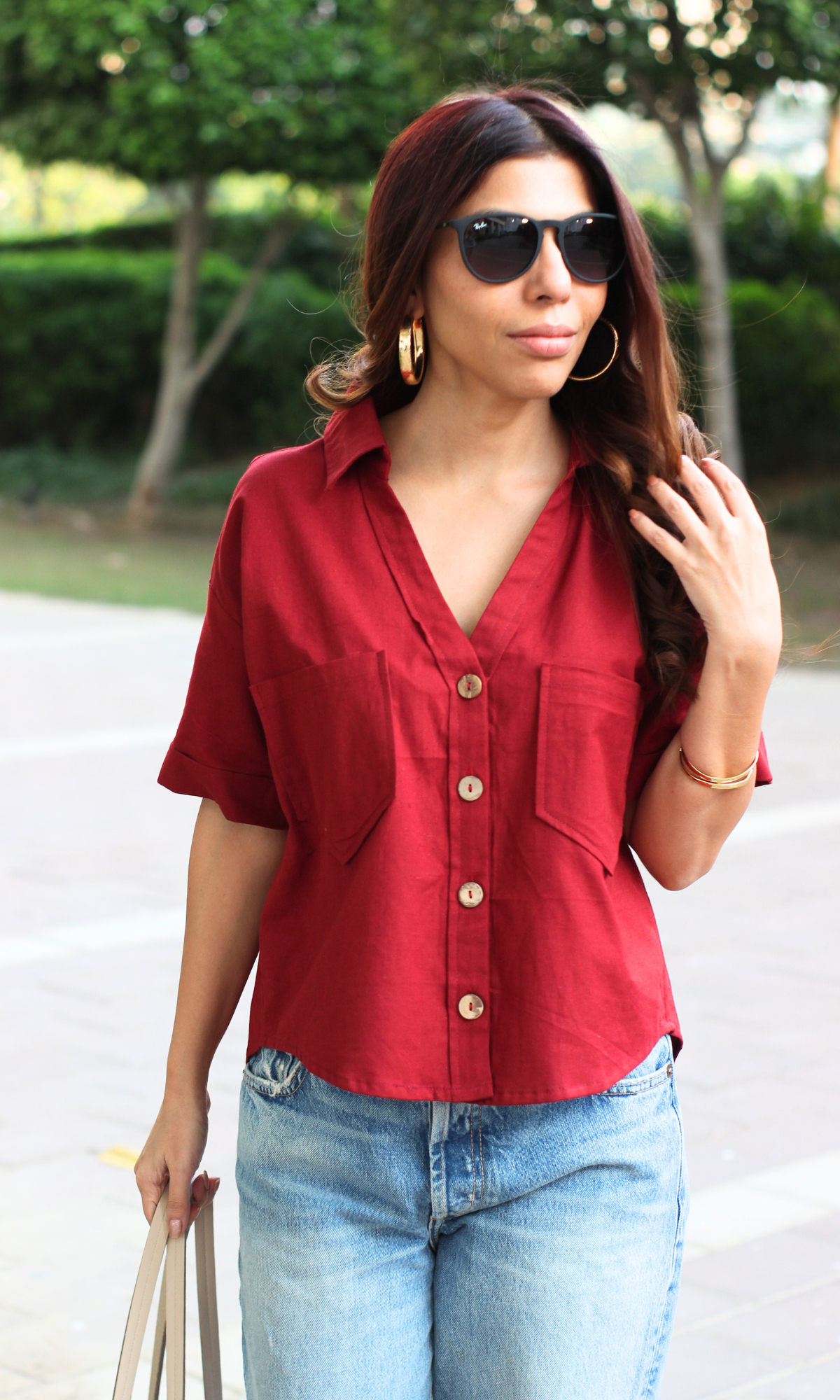 Maroon Cotton Cropped Shirt