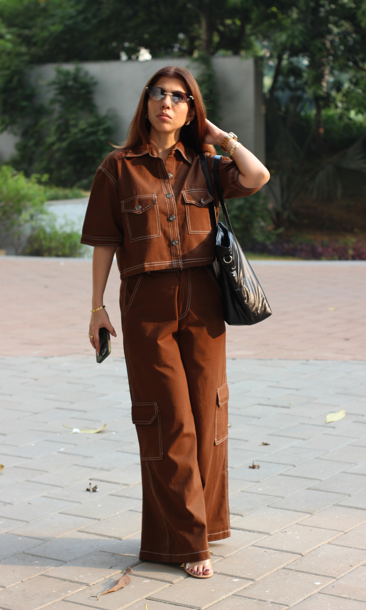 Brown Cropped Shirt with Cargo Pants