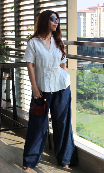 White Lurex Tie Detail Top