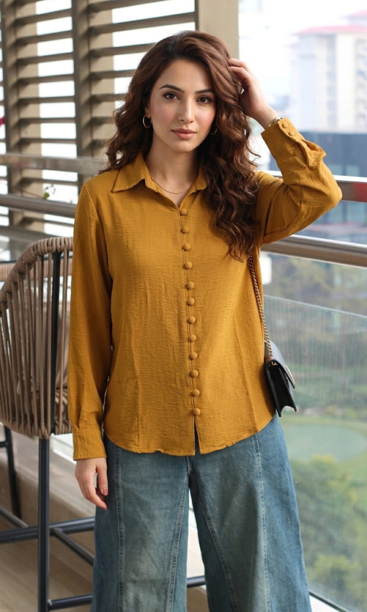 Mustard Brown Buttoned Flowing Shirt