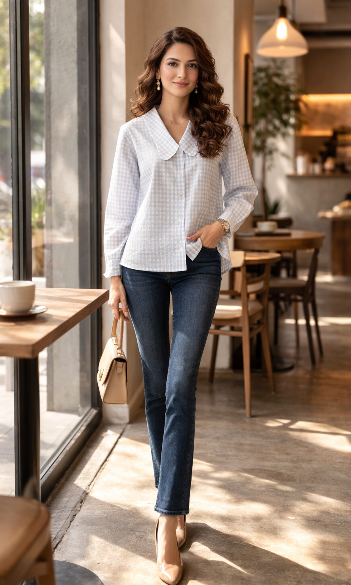 Blue Gingham-Check Peter Pan Collared Shirt