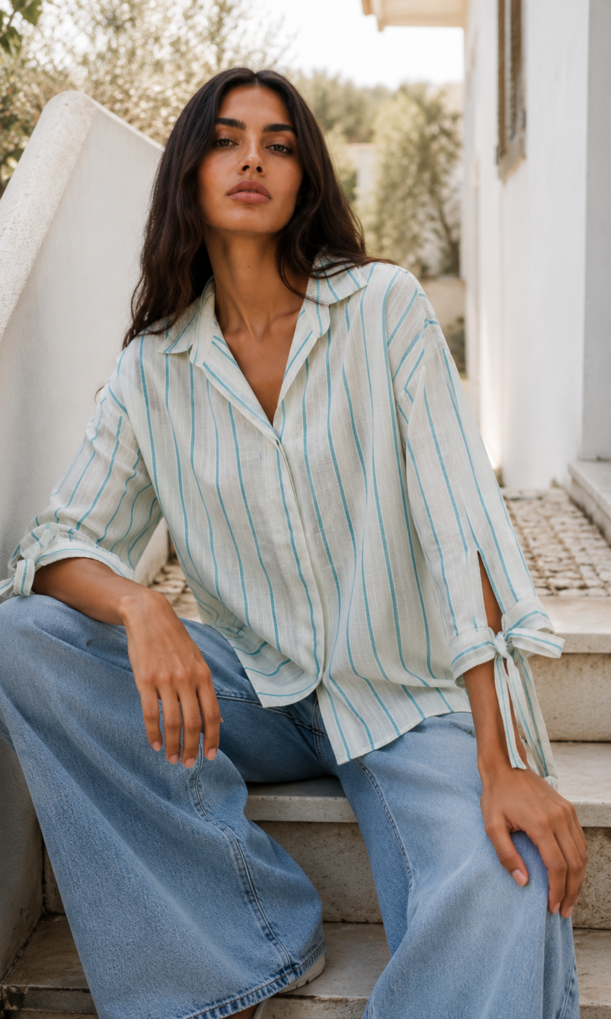 Ivory Teal Stripe Bow Detail Shirt