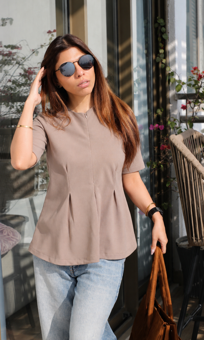 Sand Beige Sleeved Sleek-Pleat Detail Top