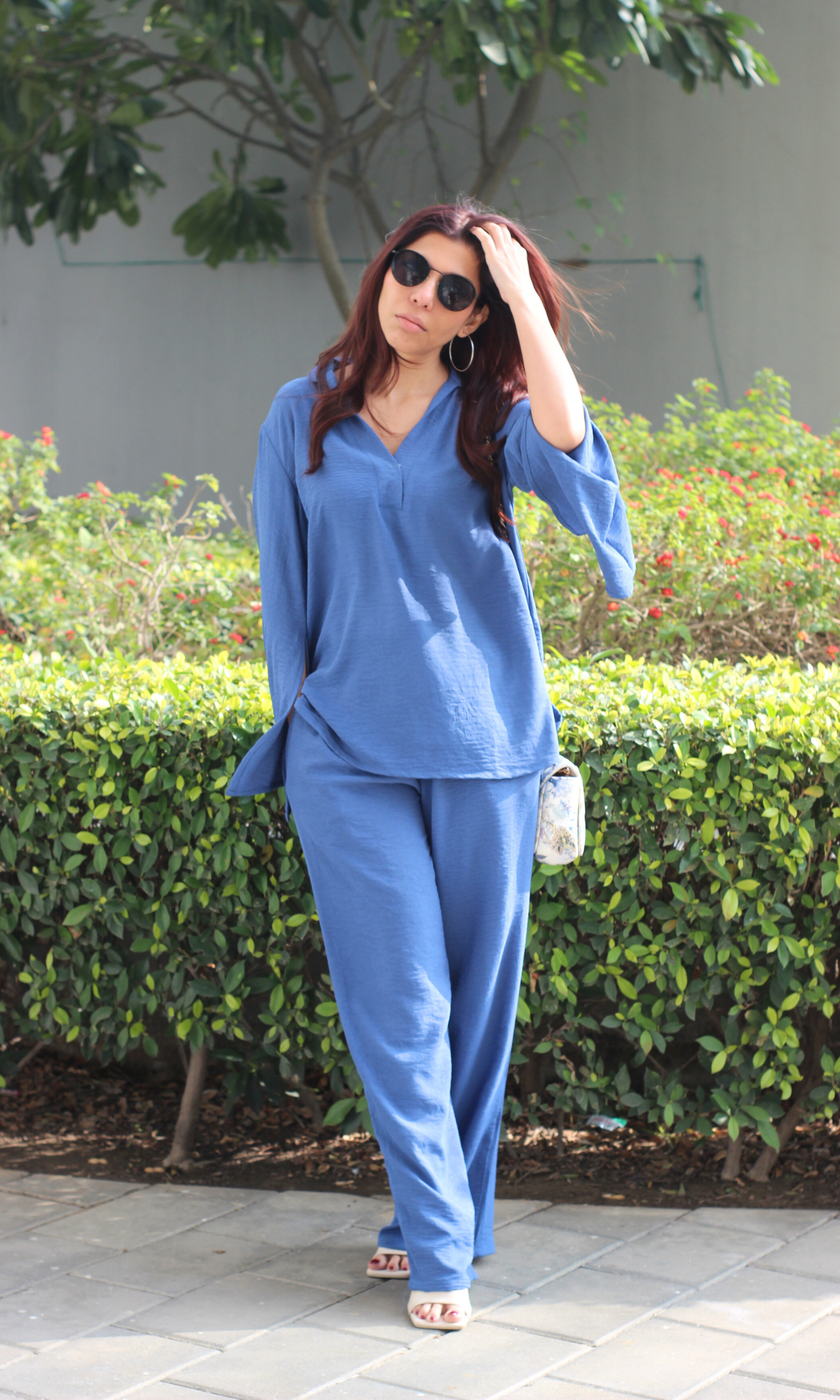 Chalk Blue Slit Sleeves Top and Pants Co-ord