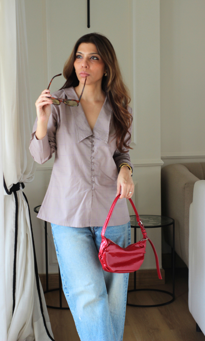 Rosewood Windowpane Oversized Collared Shirt