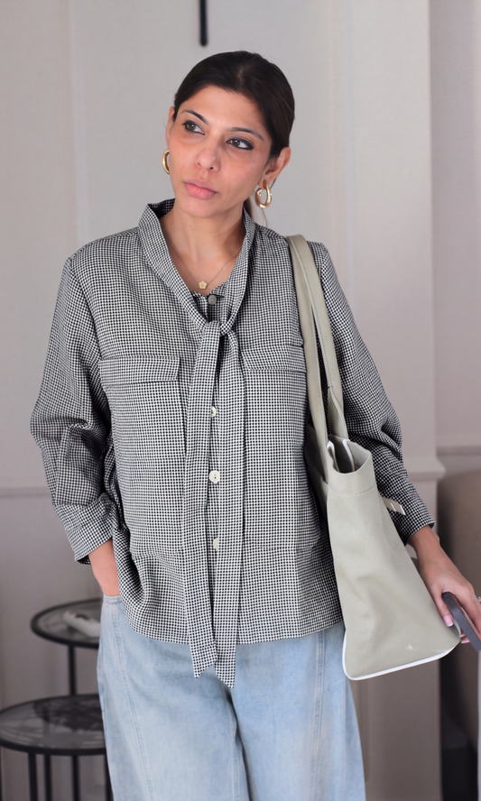 Salt & Pepper Tweed Tie-Neck Shirt