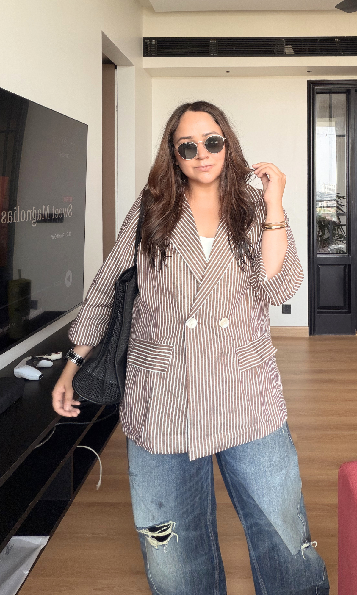 Cinnamon Pinstripe Double-Breasted Blazer