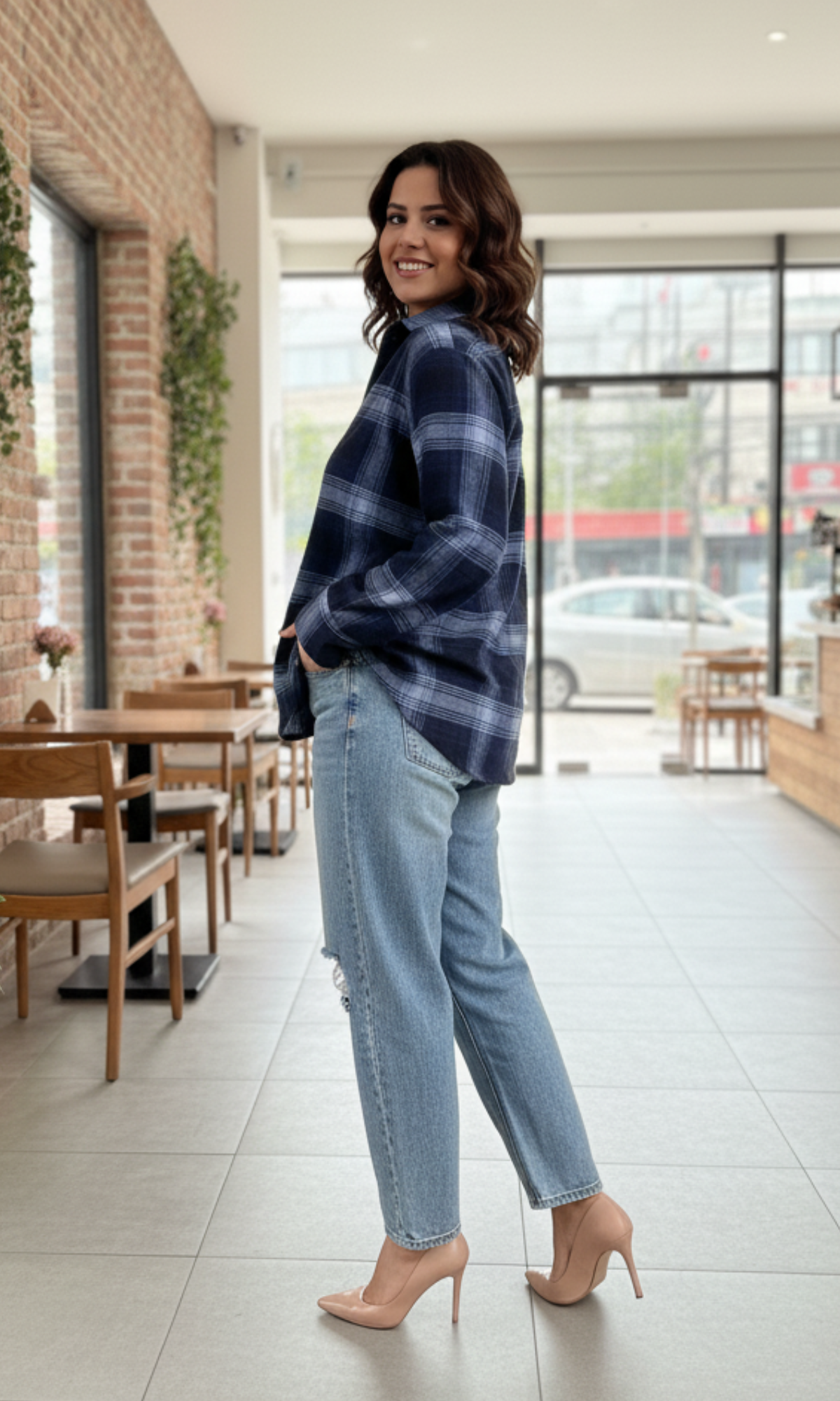 Women's denim plaid cotton shirt featuring block check pattern and long sleeves