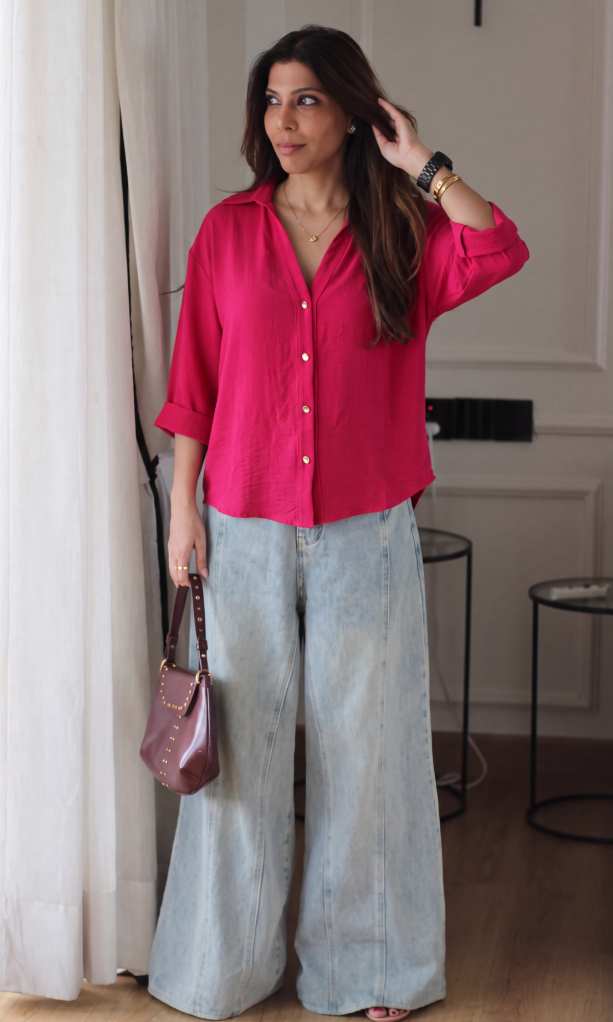 Fuchsia Metallic-Button Boxy Shirt