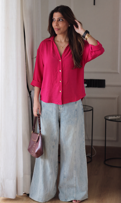 Fuchsia Metallic-Button Boxy Shirt