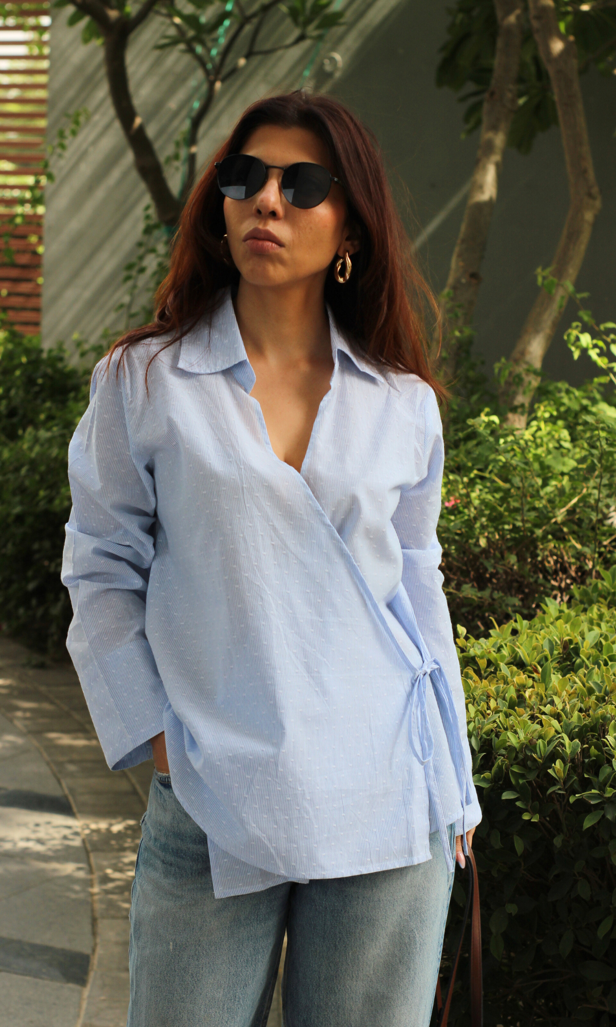 Blue-White Dobby Collared Cotton Kimono Top