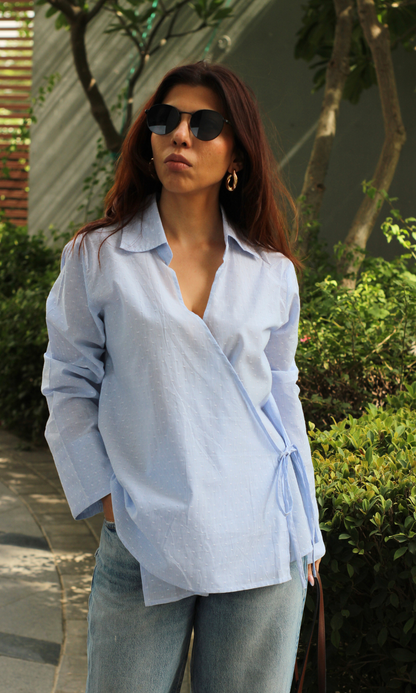 Blue-White Dobby Collared Cotton Kimono Top