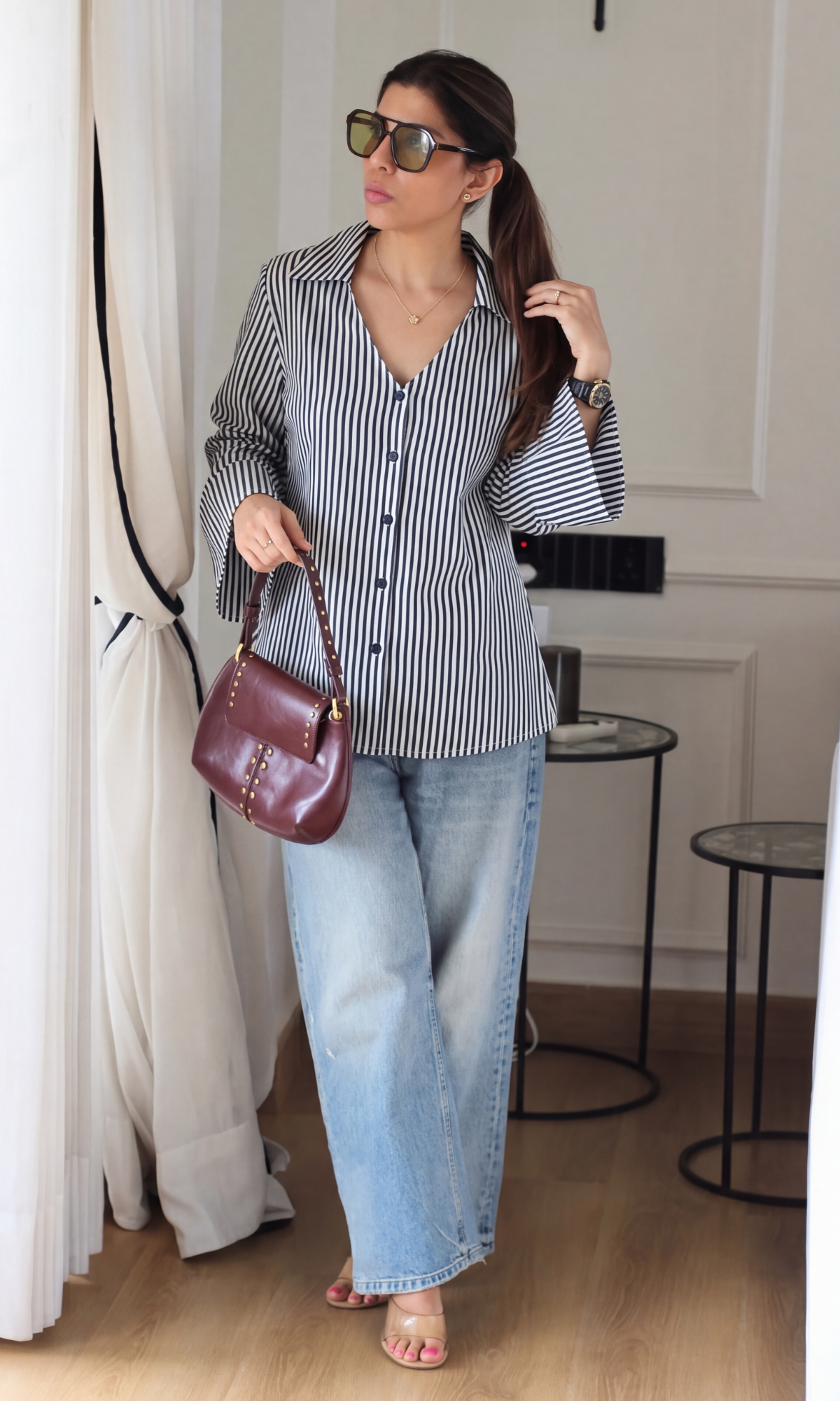 Navy Pinstripe Flared Sleeve Shirt