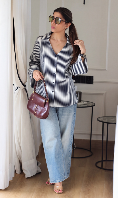 Navy Pinstripe Flared Sleeve Shirt