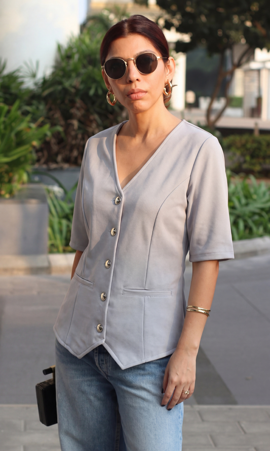 Grey Sleeved Metallic Buttoned Waistcoat
