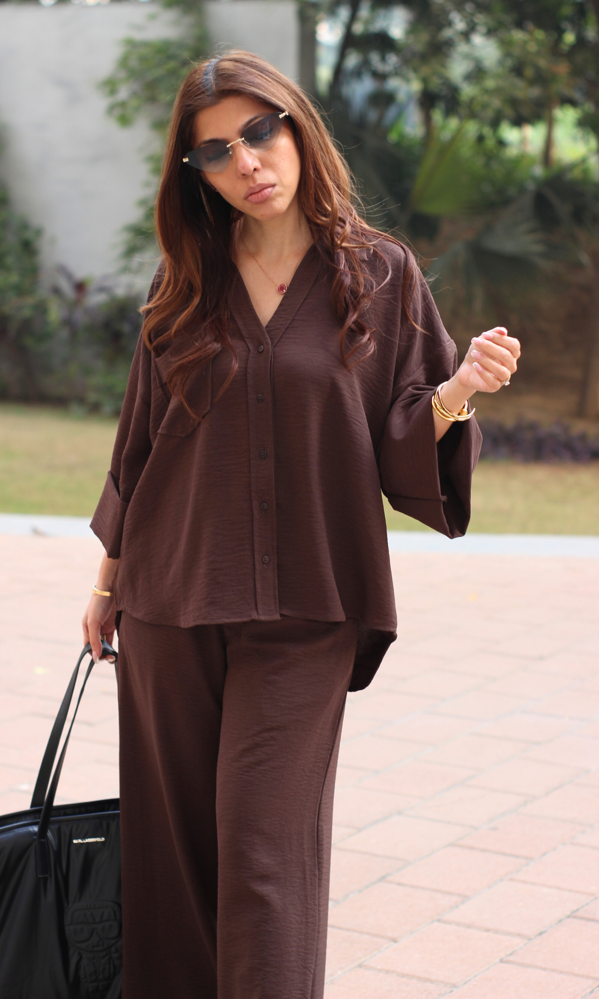 Women's dark taupe oversized shirt with matching loose pants co-ord