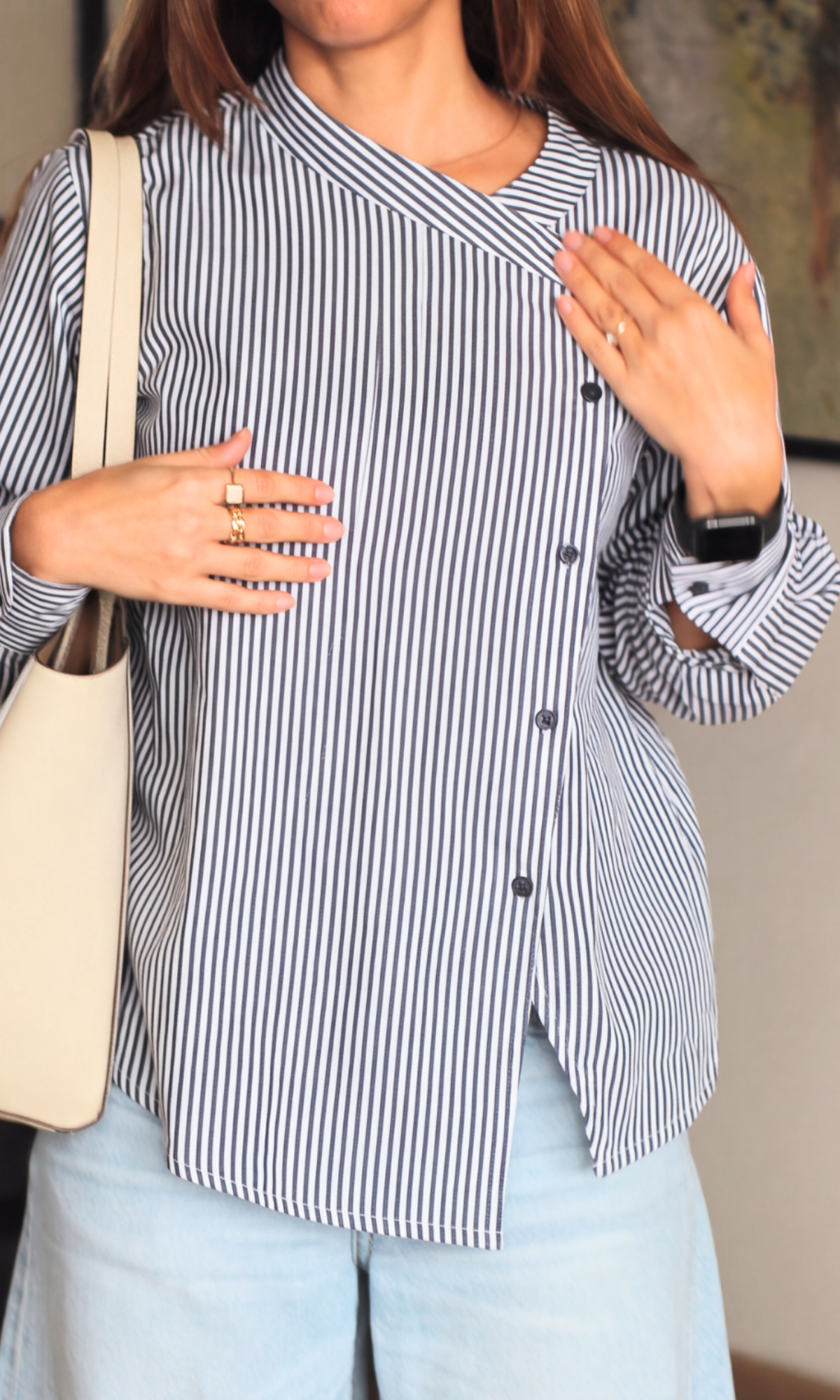 Navy & White Stripe Diagonal Placket Shirt