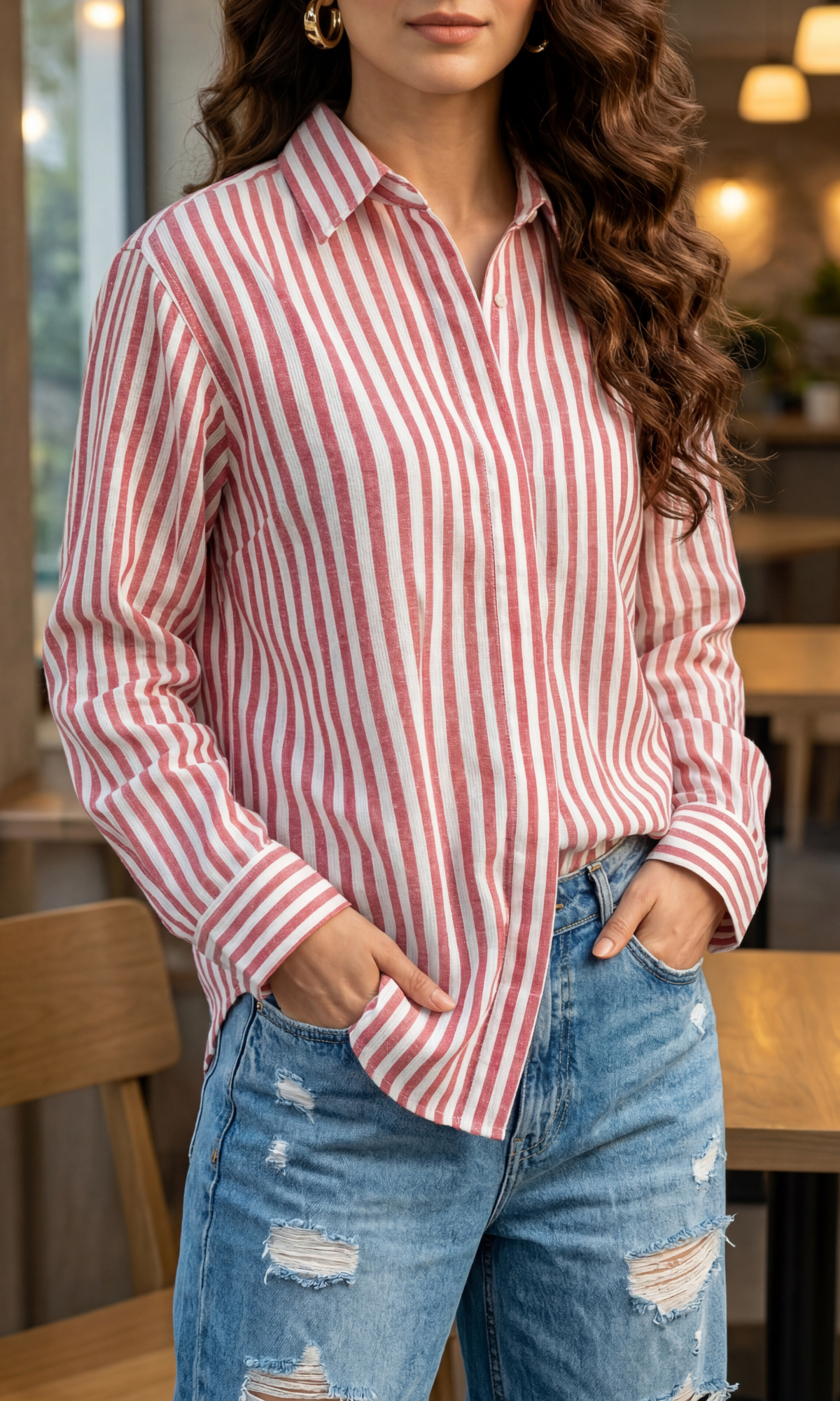 Coral Stripe Loose Shirt