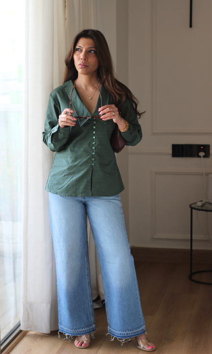 Olive Gingham Oversized Collar Shirt
