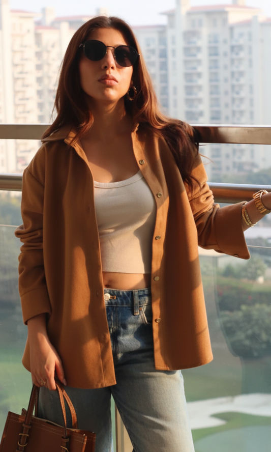 Soft Brown Suede Metallic Buttoned Shirt