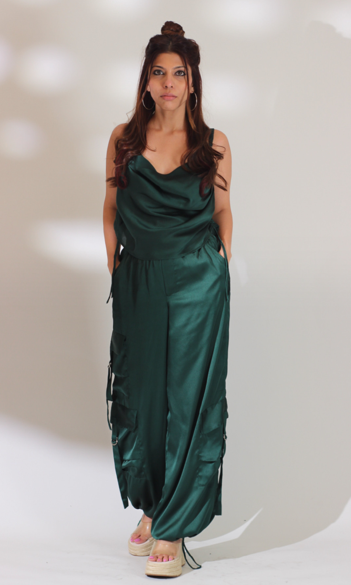 Deep Green Drawstring Top and Parachute Pants