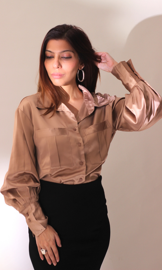 Metallic Brown Balloon Sleeved Satin Shirt