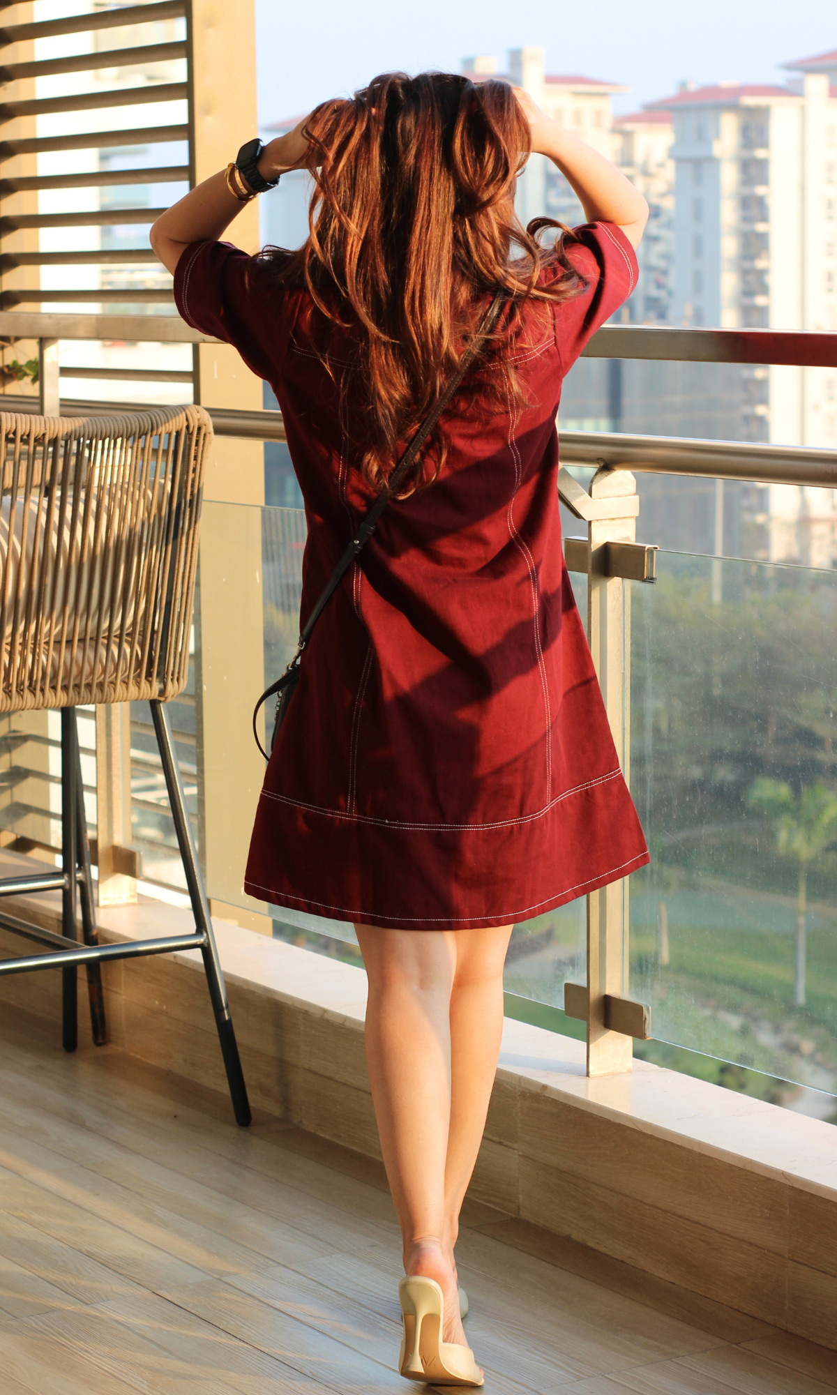 Merlot Sleeved Thread Detail Dress